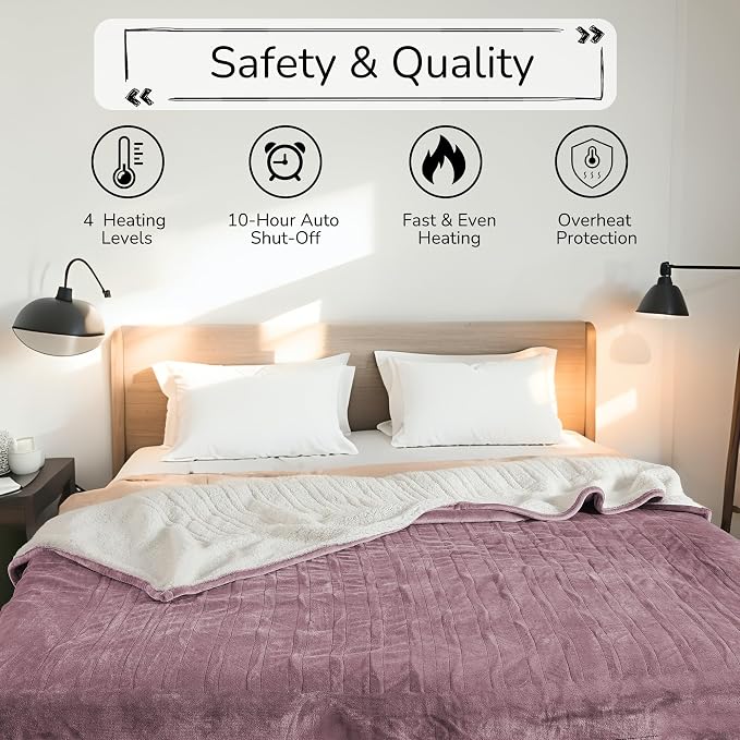Electric Heated Blanket Twin Size 62"x84" – ETL Certified for Safe Overnight, 4 Heat Settings & 10H Auto Off, Dual-Sided Microplush Sherpa for Home Theater Night, Machine Washable – Berry