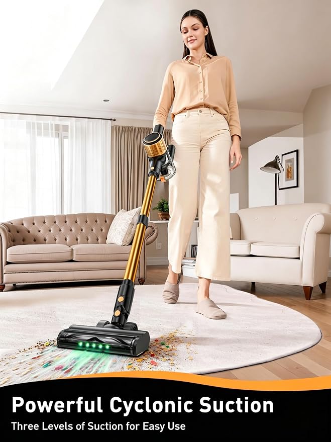 VICEASE Cordless Vacuum Cleaner, 8 in 1 Powerful Suction Lightweight Vacuum Cleaner for Home, LED Display, 3 Suction Modes, 45Mins Detachable Battery Vacuum for Hard Floor Carpet Pet Hair (Gold)