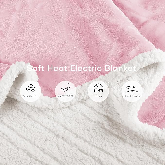 Electric Heated Blanket Full Size 72"x84" – ETL Certified for Safe Overnight, 4 Heat Settings & 10H Auto Off, Dual-Sided Microplush Sherpa for Home Theater Night, Machine Washable – Pale Pink