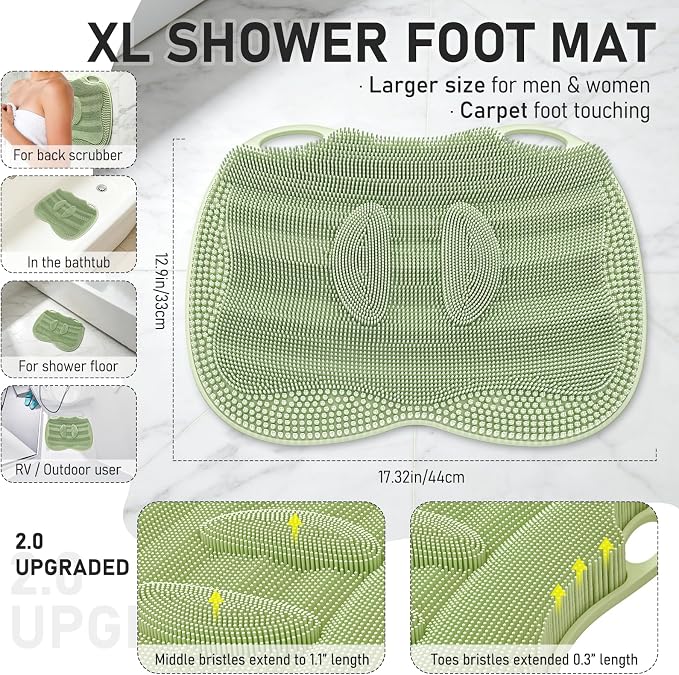 XL Shower Foot Scrubber Mat, Silicone Feet Massage Cleaner Dead Skin Toes Clean Pad without Bending Non-slip Suction Cups -Improve Circulation for Feet Beauty Exfoliate Smooth Achy 17.2*13" Sage Green