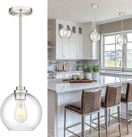 Pendant Lights Kitchen Island, 8" Brushed Nickel Pendant Light Fixtures with Globe Clear Glass Shade, Modern Kitchen Island Lighting for Bathroom, AD-22280-1PL-SN