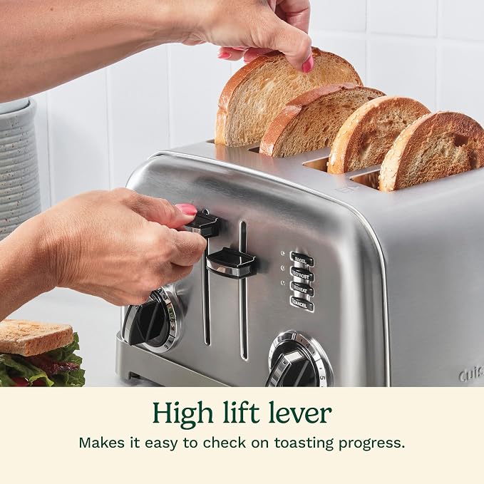 Cuisinart 4 Slice Compact Stainless Steel Toaster with Extra-Wide Slots for Bread, French Toast, Bagels & Pastries, Defrost & Reheat Functions, CPT-180P1, Brushed Stainless, Removable Crumb Tray
