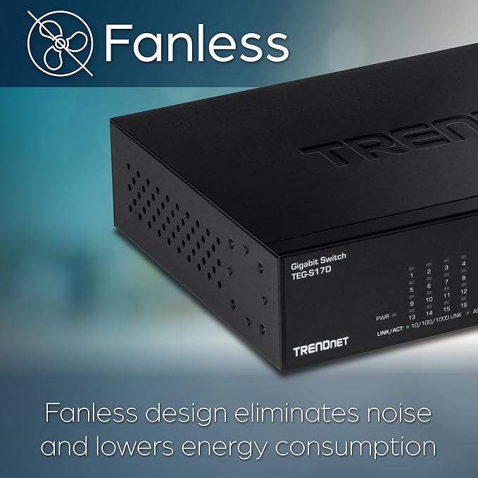 TRENDnet 16-Port Gigabit Desktop Switch, TEG-S17D, 16 x Gigabit RJ-45 Ports, 32Gbps Switching Capacity, Ethernet Splitter, NDAA & TAA Compliant, Internal Power Supply, Lifetime Protection, Black