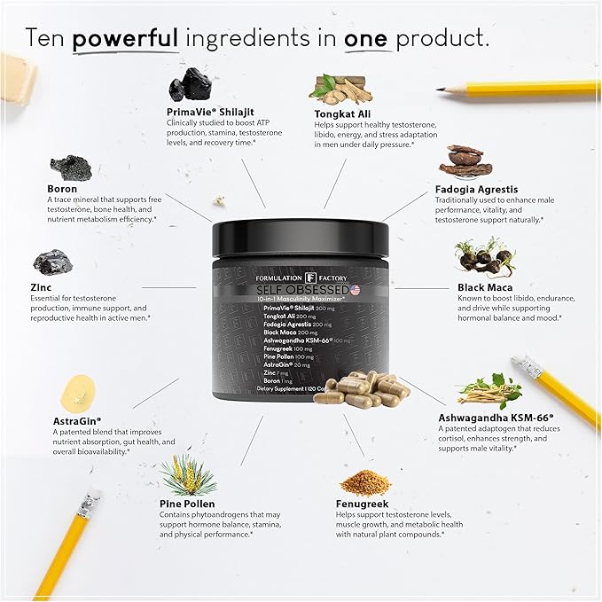 Formulation Factory Self Obsessed Maxxed Male Support - PrimaVie Shilajit, KSM-66 Ashwagandha & 200:1 Tongkat Ali Extract - Advanced Vitality & Drive Complex - 240 Capsules, 4 Month Supply