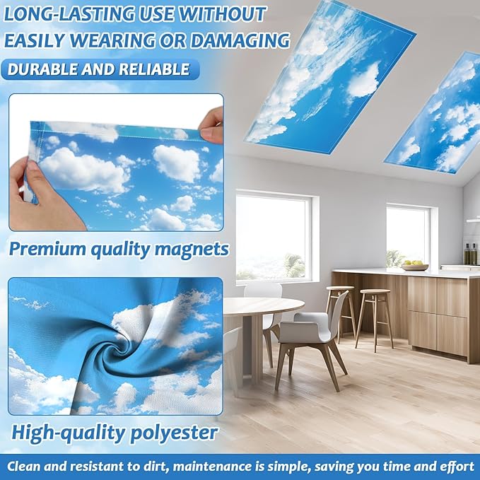 12 Pcs Fluorescent Light Covers with 120 Magnets Decorative for Classroom Ceiling Light 4 x 2 Feet Magnetic Light Covers Filter Easy Install for Office Hospitals Home Supplies(Blue Sky White Clouds)