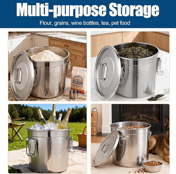 3.17Gal/12L Stainless Steel Airtight Canister, Airtight Food Storage Container with Lid and Lock Clips, 304 Stainless Steel Bucket for Rice, Flour, Grain, Coffee Bean