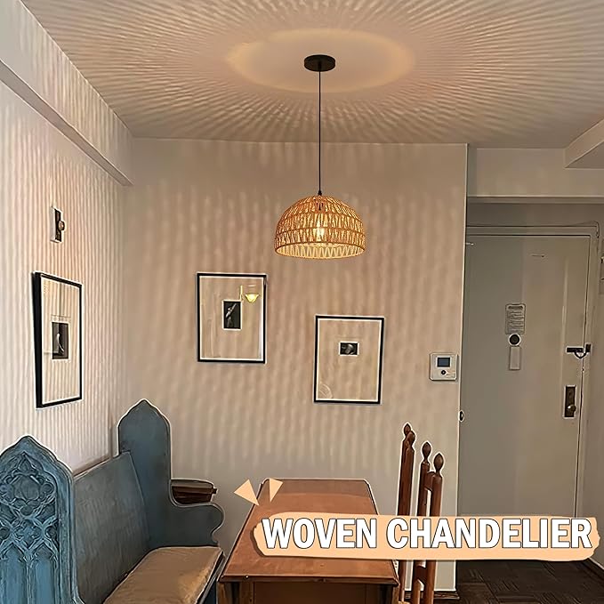 Hemp Rope Woven Pendant Light Woven Light Fixture Boho Chandelier Light Fixture Wicker Pendant Lights Rattan Lights Pendant Dome Wicker Chandelier for Dining Room Kitchen Island(Bulb Incl.