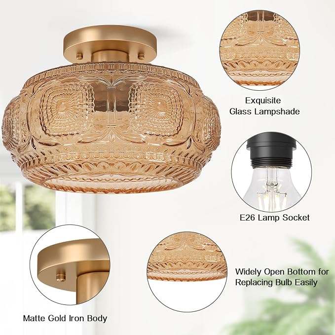 11 in Vintage Mid Century Semi Flush Mount Ceiling Light | Amber Globe Glass Ceiling Light Fixture, Art Deco Lighting fixtures Ceiling for Hallway Porch Bedroom, Bulb Not Included