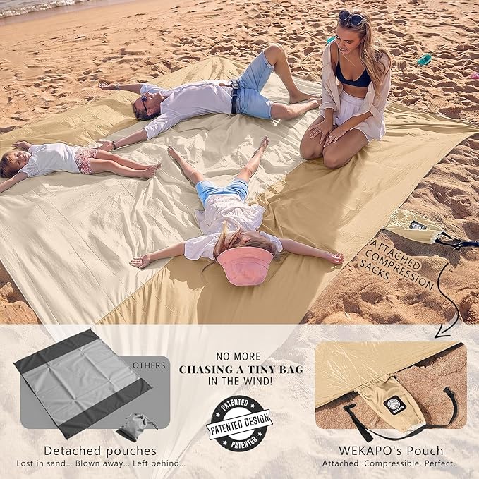 WEKAPO Beach Blanket Sandproof Waterproof, Extra Large Beach Mat, Oversized & Compact Sand Free, Quick Drying Beach Essentials for Vacation, Cruise, Picnic & Camping with Stakes