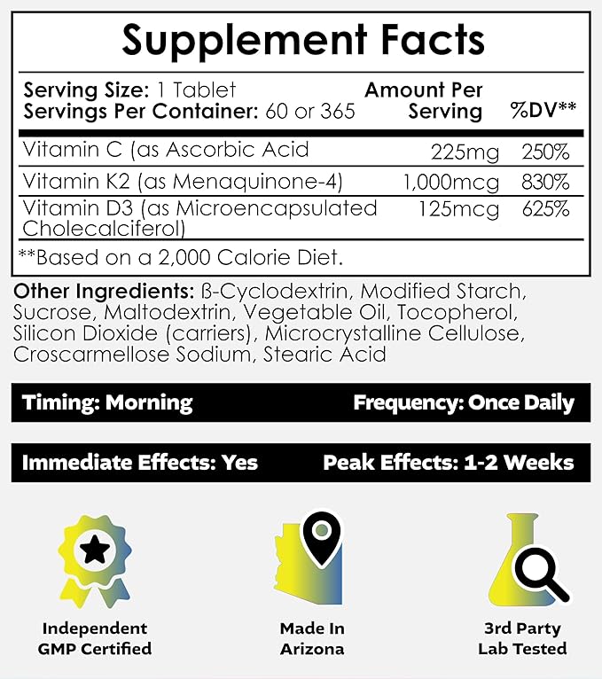 Nootropics Depot Vitamine D3 + K2 avec Comprimés de Vitamine C | 60 unités | Cholecalciferol + Menaquinone-4 (MK-4) | Humeur et Santé Osseuse | Absorption Saine du Calcium