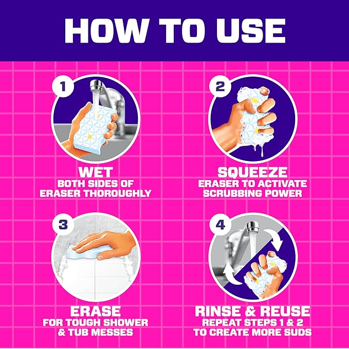 Éponge magique effaceur de taches Mr. Clean, nettoyant pour salle de bain, douche, baignoire, éliminateur de résidus de savon, fournitures de nettoyage de salle de bain, puissance de nettoyage Dawn avec parfum de citron, douche et baignoire, 6 unités