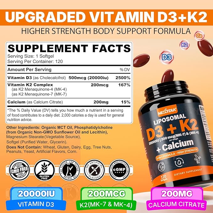 ビタミンD3 20,000 IU + K2ビタミン（MK4 & MK7）200mcg + クエン酸カルシウム、最適なビタミンD3 K2ソフトジェル - 強い骨と筋肉、カルシウム吸収、ビタミンD欠乏症の改善を助ける、飲みやすい、2個セット