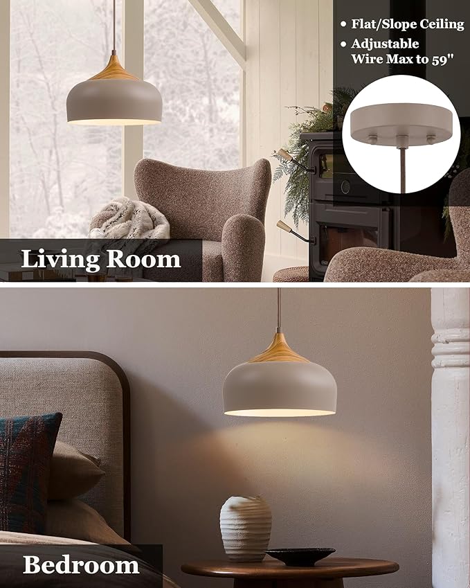 ELYONA 12 Inch Japandi Pendant Light, Farmhouse Pendant Light Fixture with Faux Pine Wood Grain Metal Shade, Adjustable Hanging Light for Kitchen Island Dining Room Bedroom Sloped Ceiling, Dark Brown