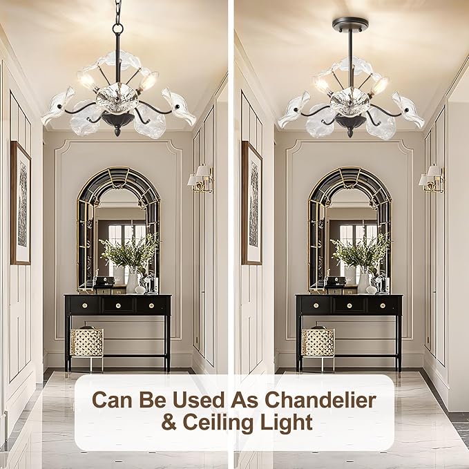 Luvkczc Black Chandelier,Vintage Flower Glass Pendant Light Fixture,Mid Century Ceiling Light Fixture for Dining Room, Kitchen, Living Room, Bedroom Hallway Porch,3 Lights