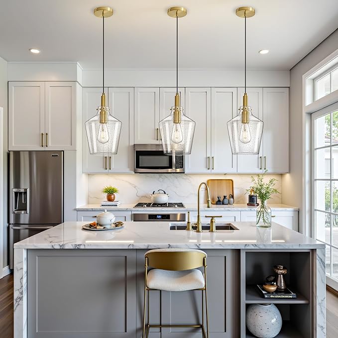 Modern Seeded Glass Pendant Lighting for Kitchen Island 1 Pack, Farmhouse Gold Pendant Light Fixtures, Height Adjustable Ceiling Pendant Light, Angled Seeded Glass Shades 8 Inch