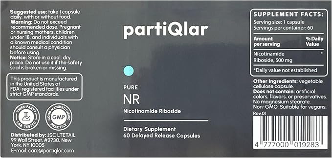 Supplément NR partiQlar - Capsules de Nicotinamide Riboside Haute Pureté - Booster de NAD+ pour l'Anti-Âge, l'Énergie Cellulaire et la Réparation - Alternative au NMN - 60 Capsules Végétales