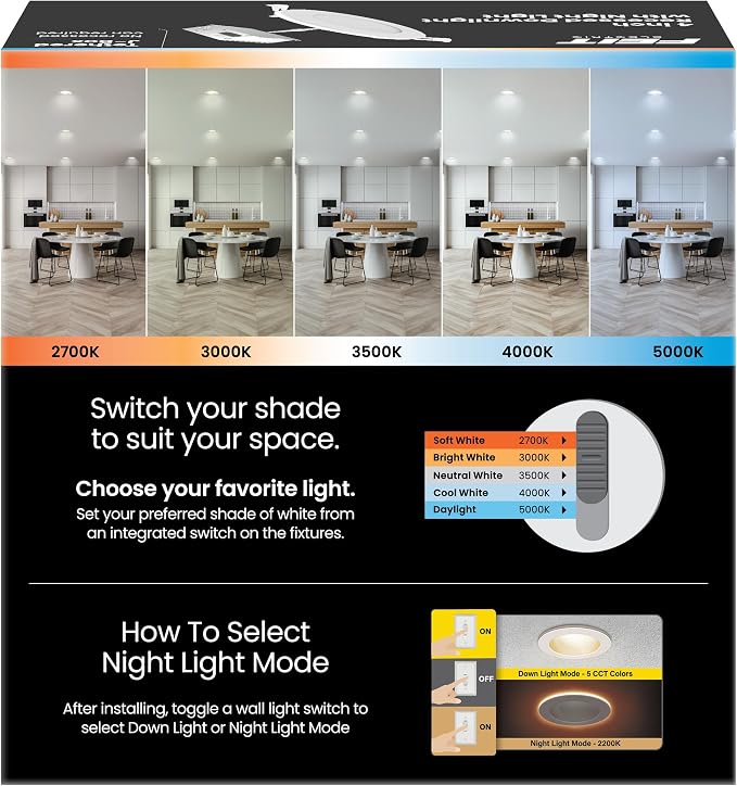 Feit Electric 4" LED Canless Recessed Downlight with Night Light Mode and Integrated J-Box, 75W EQ, Dimmable, 5CCT Selectable White, 90 CRI, 850 Lumens, 45-Year Lifetime, LEDR4XT/HO/NL5CCTCA4, 4 Pack