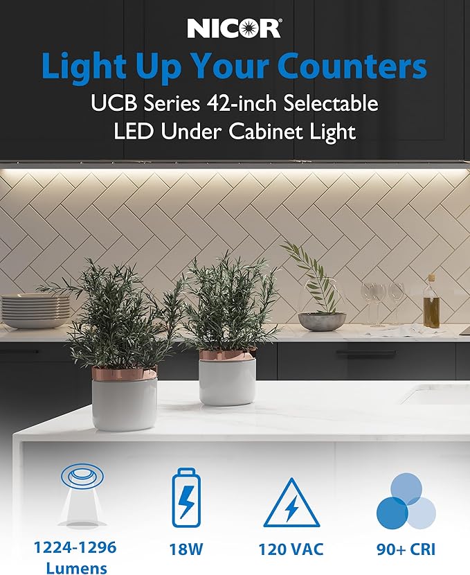 42” LED Direct Wire Under Cabinet Light with On/Off Switch - LED Lights for Kitchen - Selectable CCT 2700K-5000K, 1224-1296 Lumens, 18W - UCB Hardwired Under Cabinet Lighting by NICOR Lighting