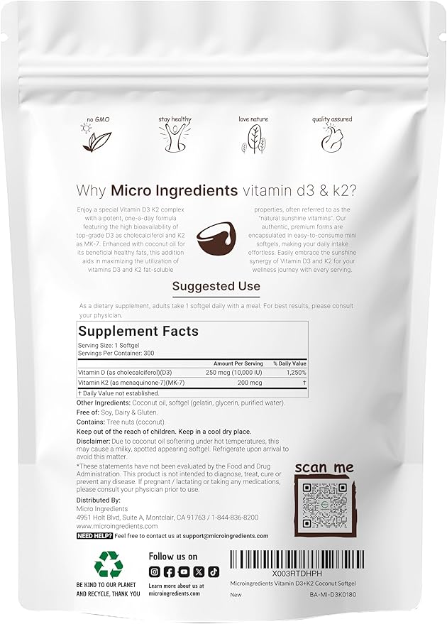 Micro Ingredients Vitamine D3 10 000 UI + K2 MK-7 200 mcg, 600 gélules avec huile de coco vierge (lot de 2) | Complexe de vitamines D et K 2 en 1 | Extra fort, facile à avaler, sans OGM, sans gluten