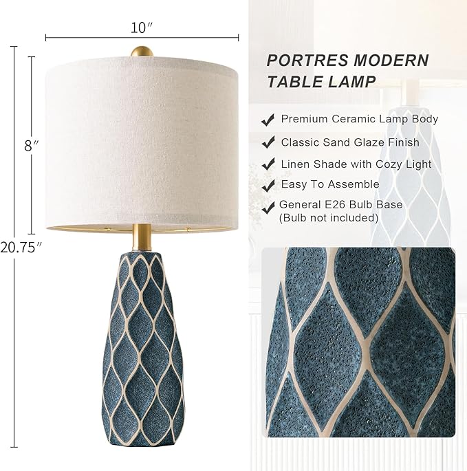 20.75" Small Table Lamps for Living Room Bedroom Lamps Set of 2 Ceramic Modern Boho Bedside Lamps Night Stands Farmhouse Vintage Nightstand Lamp Reading Light Home Office Dorm Desk Deco Gifts, Blue
