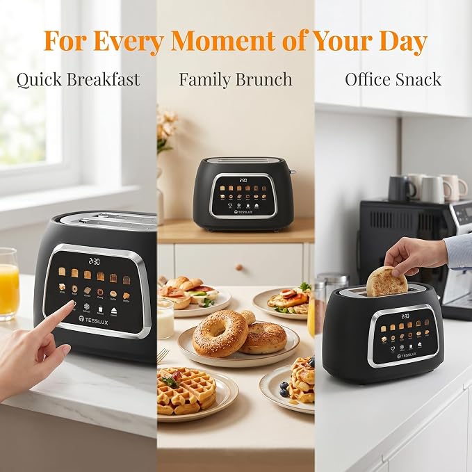 Tesslux 2 Slice Toaster with Touch Screen Control, 1.5" Wide Long Slots, 6 Browning Levels & 6 Bread Types, Digital Timer, Memory, Defrost, Reheat (Black, 2 Slice)