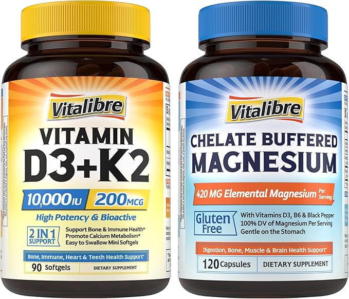 ビタミンD3 K2サプリメント 10000 IU ソフトジェル90粒とクエン酸マグネシウム 420mg ビタミンD3 & B6配合カプセル120粒