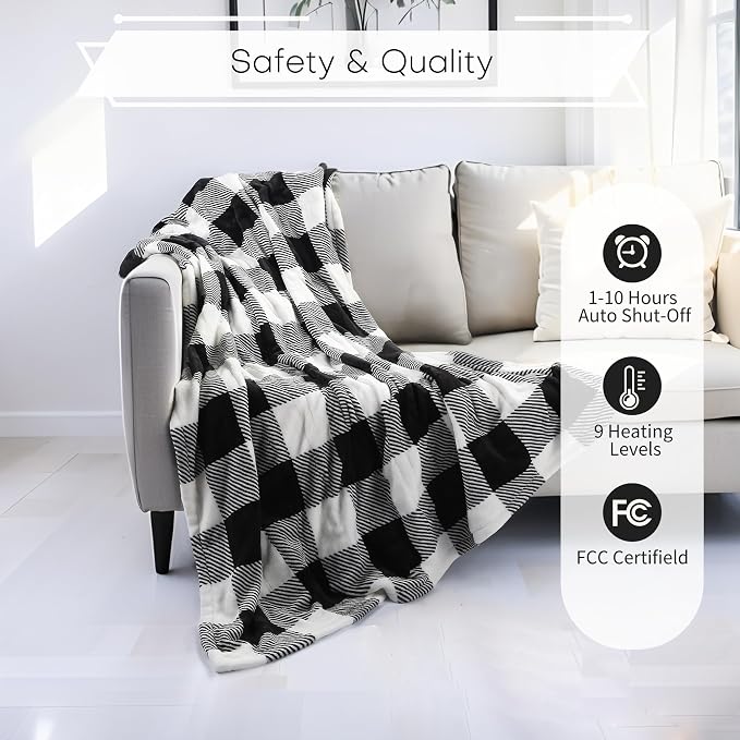 LUXIAN Electric Heated Blanket Queen Size 84"x90" - Flannel & Sherpa Fabric Dual-Sided, 9 Heat Settings & 1-10 Hours Auto Off, Machine Washable, Striped Checkered