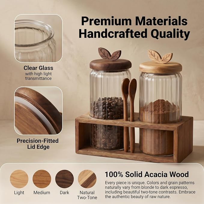 Glass Coffee Canister Set of 2 with Acacia Wood Lids and Spoons - Airtight Coffee Container for Ground Coffee, Sugar - Coffee Bar Accessories with Organizer Tray for Kitchen Counter (40floz Each)
