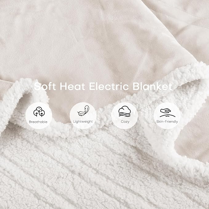 Electric Heated Blanket Twin Size 62"x84" – ETL Certified for Safe Overnight, 4 Heat Settings & 10H Auto Off, Dual-Sided Microplush Sherpa for Home Theater Night, Machine Washable – White