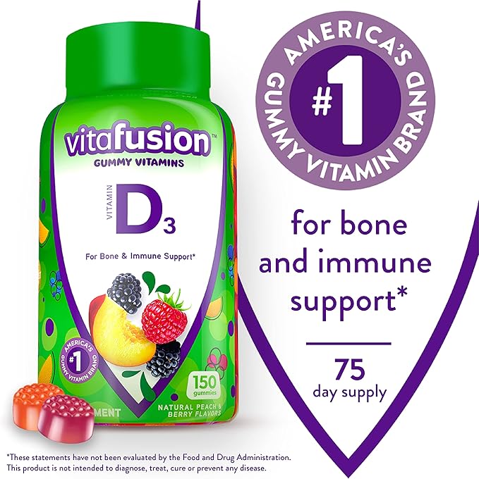 Vitafusion Fibres Bien Sans Sucre, Complément de Fibres et Vitamine D3, Gélifiés pour le Soutien des Os et du Système Immunitaire, Arômes Pêche, Mûre et Fraise, 50 mcg de Vitamine D, 75 Jours d'Approvisionnement, 150 Gélifiés