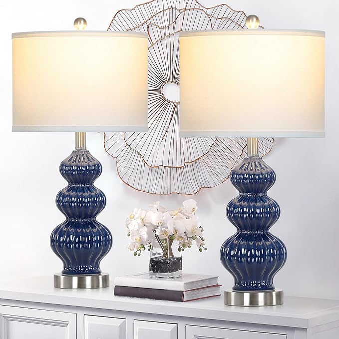 Cinyirong 26" Blue Table Lamp Set of 2 with Rotary Control, Ceramic Table Lamps Classic Beside Lamps Nightstand Lamp Modern Table Lamp for Living Room,LED Bulbs Included