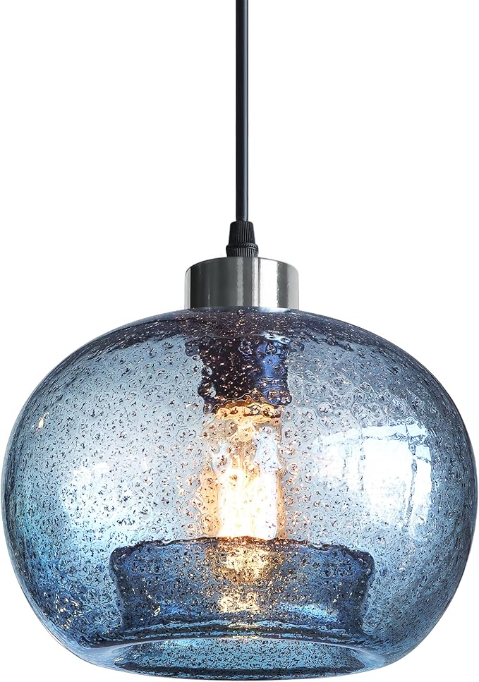 CASAMOTION Glass Pendant Lights Kitchen Island Modern Farmhouse Blue Ceiling Hanging Light Fixtures Globe Over Table Sink Foyer Entryway Brushed Nickel 8.7 Inch Diameter