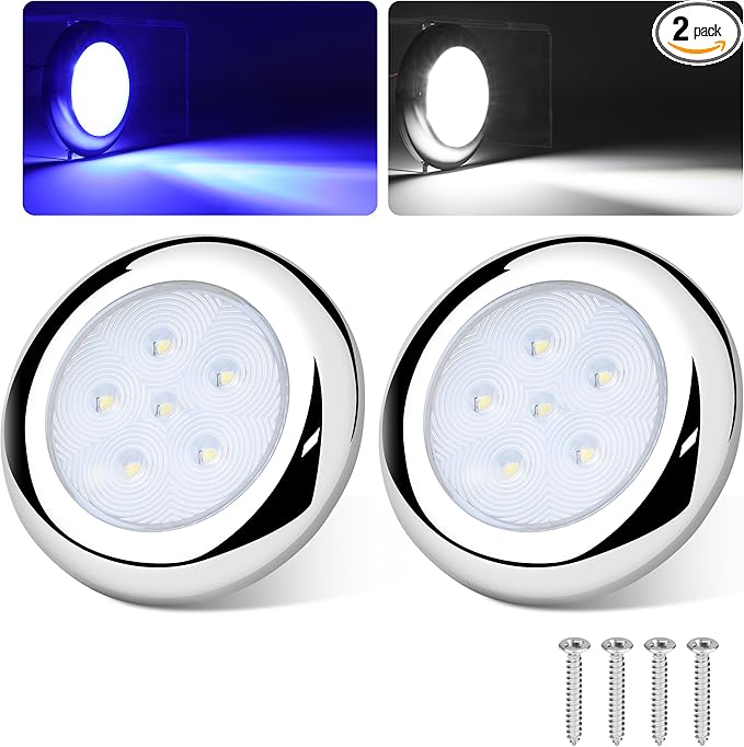 RVZONE 3 Inch White & Blue Dual Color Boat Courtesy Lights, IP68 Waterproof Stainless Steel Marine LED Light, Interior Exterior Deck Cabin Lighting for Fishing Pontoon Sailboat, 2 Pack