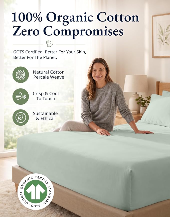 LANE LINEN Queen Size Fitted Sheet 100% Organic Cotton, Percale Weave, Low Pill Fade Resistant Eco Friendly Fully Elasticized Snug Fit Deep Pocket Queen Fitted (+Pillowcases) - Cool Blue