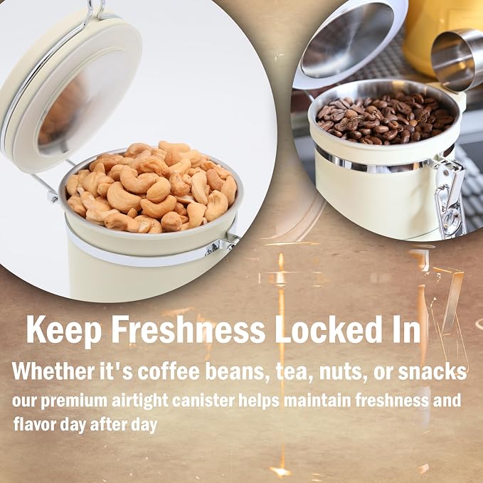 PRINCE G Airtight Coffee Canister, Light-Blocking Stainless Steel Coffee Storage Container with Scoop, 260g Coffee Bean Storage Jar, Beige