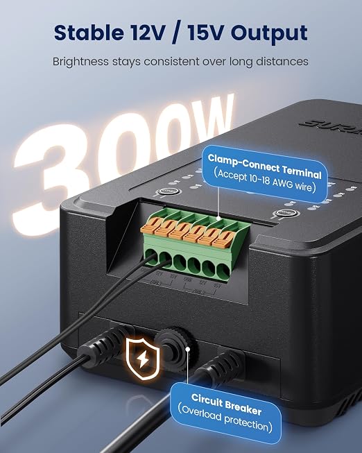 SURAIELEC 300W Low Voltage Landscape Transformer, 2 Independent Zones, Outdoor Waterproof Landscape Lighting Transformer with Timer & Photocell Sensor, 120V to 12/15V AC, Quick-Clamp Terminal