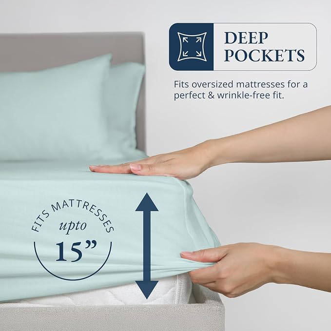 LANE LINEN Full Size Fitted Sheet & Pillowcases (No Flat Sheet) - 100% Organic Cotton Soft & Breathable Percale Weave Fitted Sheet Set - 15'' Deep Pocket For Snug Fit - GOTS Certified - Cool Blue