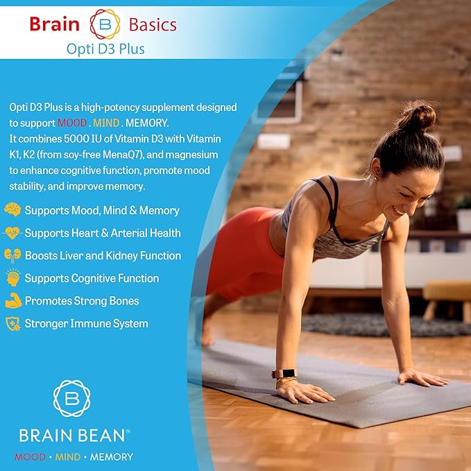 Brain Basic Opti D3 Plus - Vitamine D3 5000 UI avec K1, K2 et Magnésium - Supplément de Soutien Cérébral pour l'Humeur, l'Esprit, la Mémoire - Santé des Os, des Muscles et du Système Immunitaire - Sans Gluten, Sans Soja et Sans Produits Laitiers