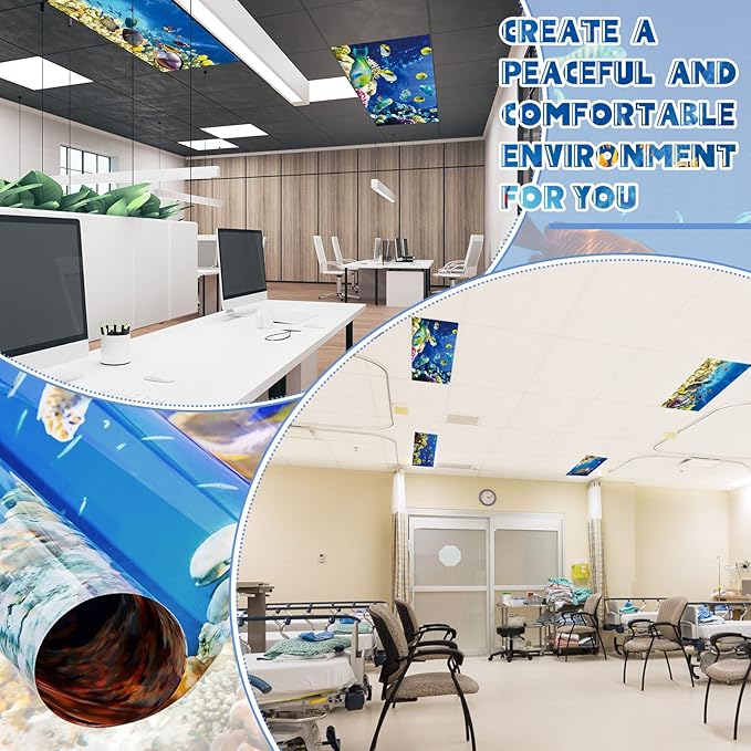 Amylove 4 Pcs Fluorescent Light Covers Classroom Ceiling Panels Light Filters with Backlit Film Material for Office School, 4 x 2 Feet(Novel Color,Ocean)