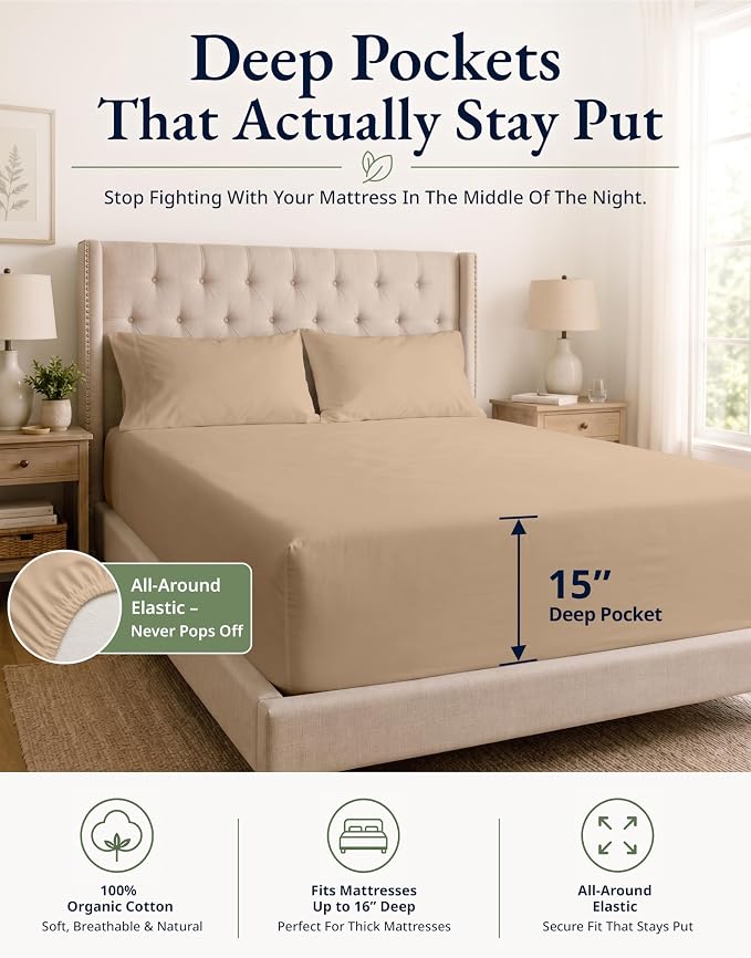 LANE LINEN Full Fitted Sheet Set (No Flat Sheet) - 100% Organic Cotton Soft & Breathable Percale Weave Fitted Sheet Set for Added Comfort - 15'' Deep Pocket for Snug Fit - GOTS Certified - Taupe