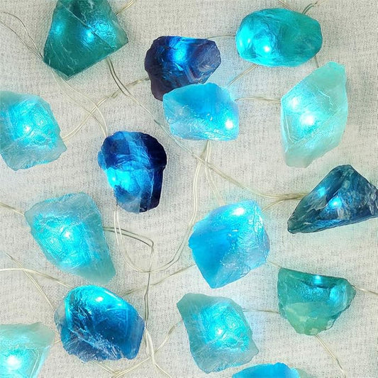 BOHON Natural Fluorite String Lights Battery Operated with Remote Sea Glass Raw Stones Decorative Lights 6.5ft 20 LEDs for Bedroom Party Indoor Christmas Wedding Decor