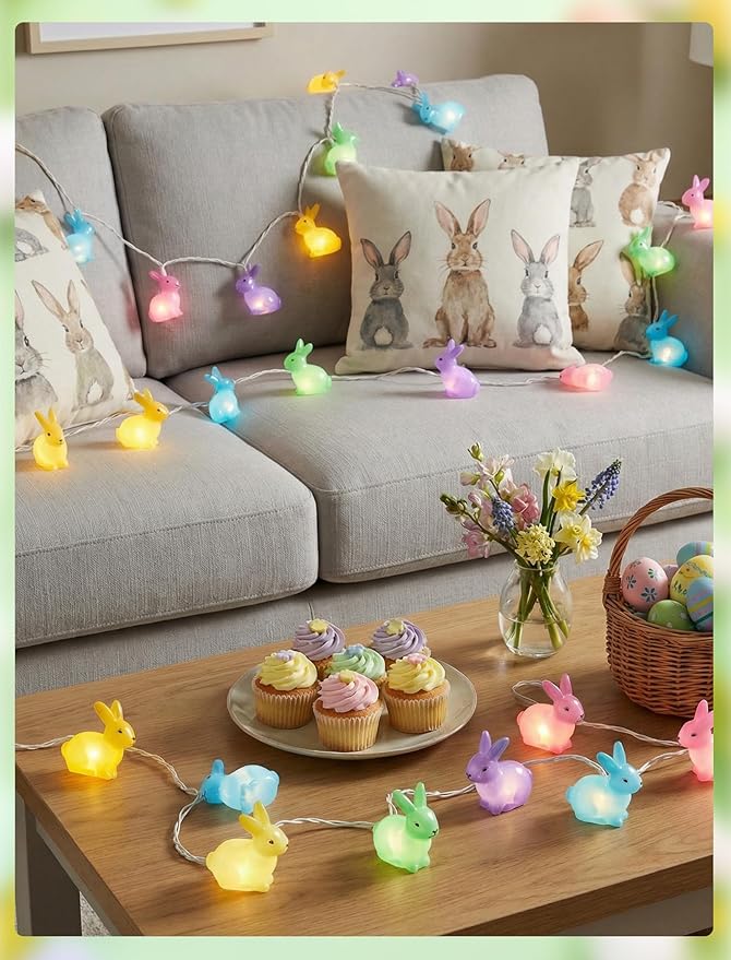 GOOTHY Easter Rabbit String Lights Plug in, Indoor Outdoor Easter Decorations Lights with 10 LED Colorful Bunny Light, Hanging Spring Pastel Bunny Lights for Party Garden Birthday Wedding Home Decor