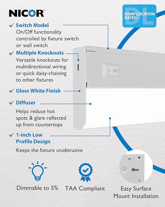 18” LED Direct Wire Under Cabinet Light with On/Off Switch - Dimmable LED Lights for Kitchen - Selectable CCT 2700K-5000K, 612-648 Lumens, 9W - UCB Hardwired Under Cabinet Lighting by NICOR Lighting