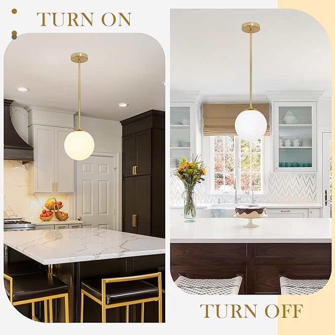 Bagood 6" Globe Pendant Light Gold Mid Century Pendant Light Globe Pendant Lights Kitchen Island Brushed Brass Finished with Milk Glass Lampshade Adjustable Ceiling Light Fixtures for Kitchen