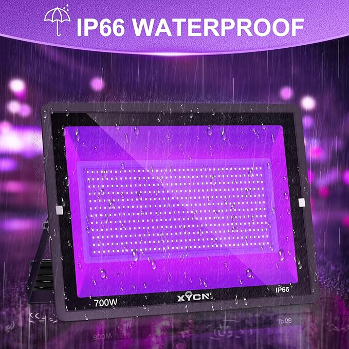XYCN 2 Pack 700W LED Black Lights, 395nm to 410nm Flood Blacklight Light with Plug,Outdoor IP66 Waterproof for Glow in The Dark, Dance Party, Stage Lighting, Body Paint, Fluorescent Poster, Neon Glow