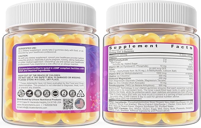 L-MethylFolate 15mg 7.5mg & B12 1000 mcg Gummies, Methylated B Complex + TMG, Magnesium, Choline - Active 5-MTHF(B9) + Methyl B12, B6, Multivitamin - Methylation, Cognition, Mood, Sugar Free, 2 Pack