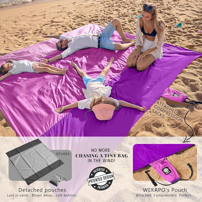 WEKAPO Beach Blanket Sandproof Waterproof, Extra Large Beach Mat, Oversized & Compact Sand Free, Quick Drying Beach Essentials for Vacation, Cruise, Picnic & Camping with Stakes