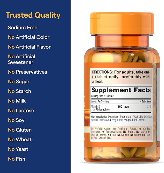 Puritan's Pride プレミアム ビタミンK 100mcg、骨、関節、血液凝固の健康維持をサポートする栄養補助食品、100日分、100錠