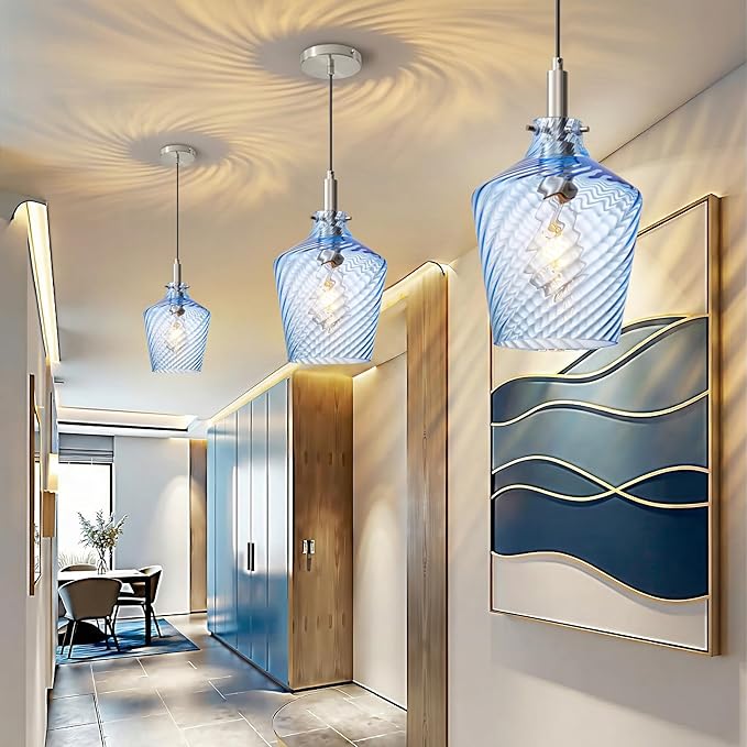 Modern Stripes Blue Glass Pendant Lighting for Kitchen Island 1 Pack, Farmhouse Nickel Pendant Light Fixtures, Height Adjustable Ceiling Pendant Light, 8 Inch