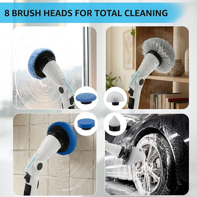 Electric Spin Scrubber, 3-Speed 6 Adjustable Head Power Scrubber for Cleaning Bathroom, 8 Brush Heads & 54" Long Handle, Cordless Scrubber with LCD Display Shower Scrubber for Grout Tile Floor Tub Car